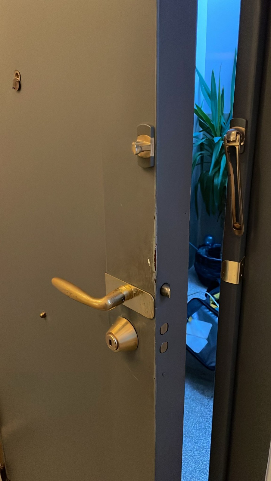 Cerradura forzada en puerta gris que requiere reparación — sur Alicante